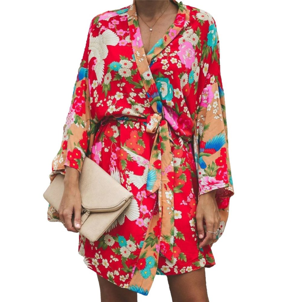 NWT Floral Open Kimono Red and Pink with Flare Sleeves